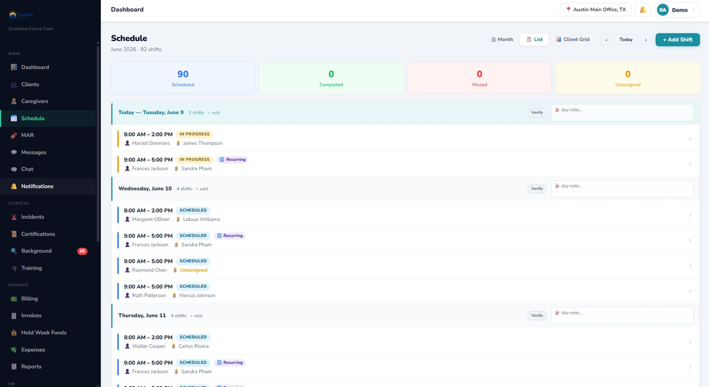 CareSoftPro Schedule List View
